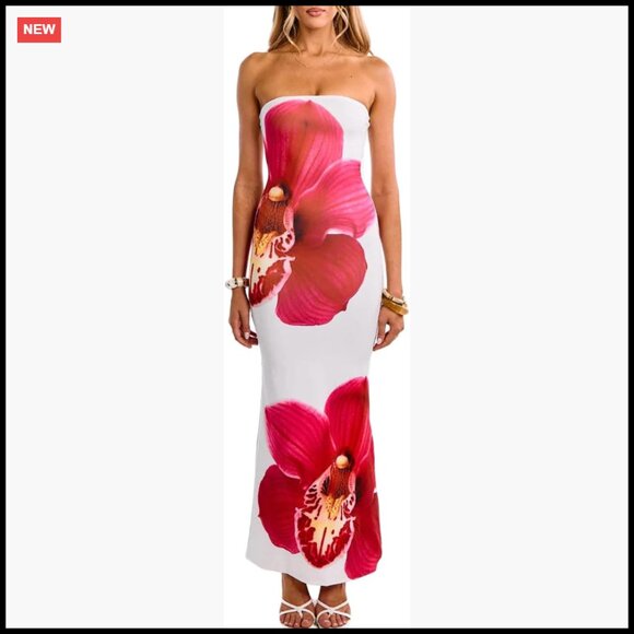 Floral Print Strapless Bodycon Maxi Dress Elegant Wedding Guest Party Wear